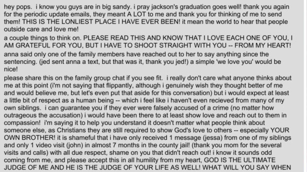 Josh Duggar wrote a number of emails to his father during his time in jail in Arkansas.