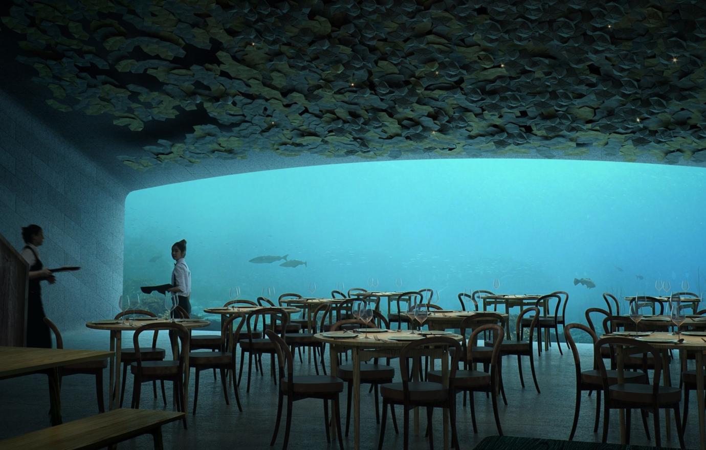 Interior of an underwater restaurant in Maldives