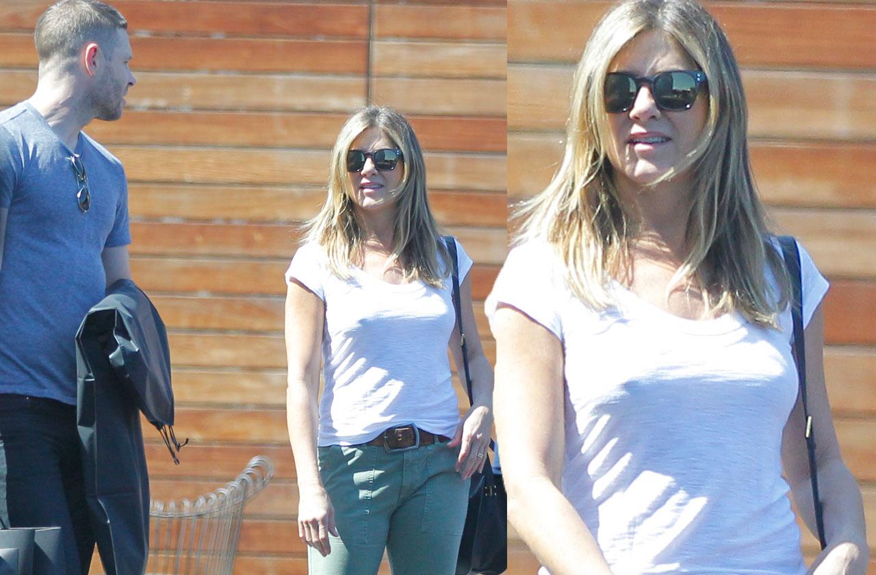 PICS] Jennifer Aniston Nipples Breasts No Bra -- White T-Shirt