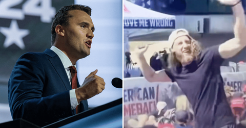Split photo of Charlie Kirk, man in crowd at Utah Valley University