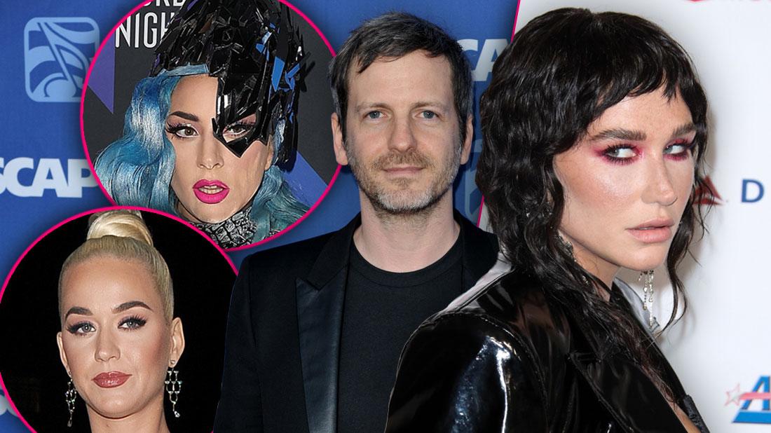 Inset of Lady Gaga, Inset of Katy Perry, Dr. Luke Wearing Black T-shirt and Blazer, Kesha With Dark Hair Wearing Blablack Blazer Looking Left, Kesha Ordered To Pay Over $373K In Dr. Luke Defamation Lawsuit