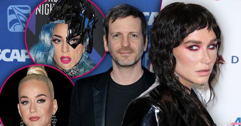 Inset of Lady Gaga, Inset of Katy Perry, Dr. Luke Wearing Black T-shirt and Blazer, Kesha With Dark Hair Wearing Blablack Blazer Looking Left, Kesha Ordered To Pay Over $373K In Dr. Luke Defamation Lawsuit