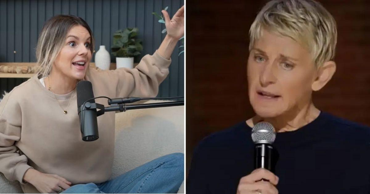 Split photo of Ali Fedotowski, Ellen DeGeneres