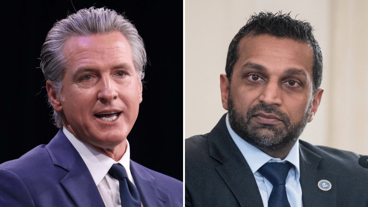 Split photo of Gavin Newsom, Kash Patel