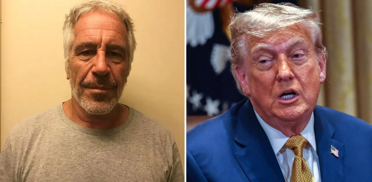 split photo of Jeffrey Epstein and Donald Trump.