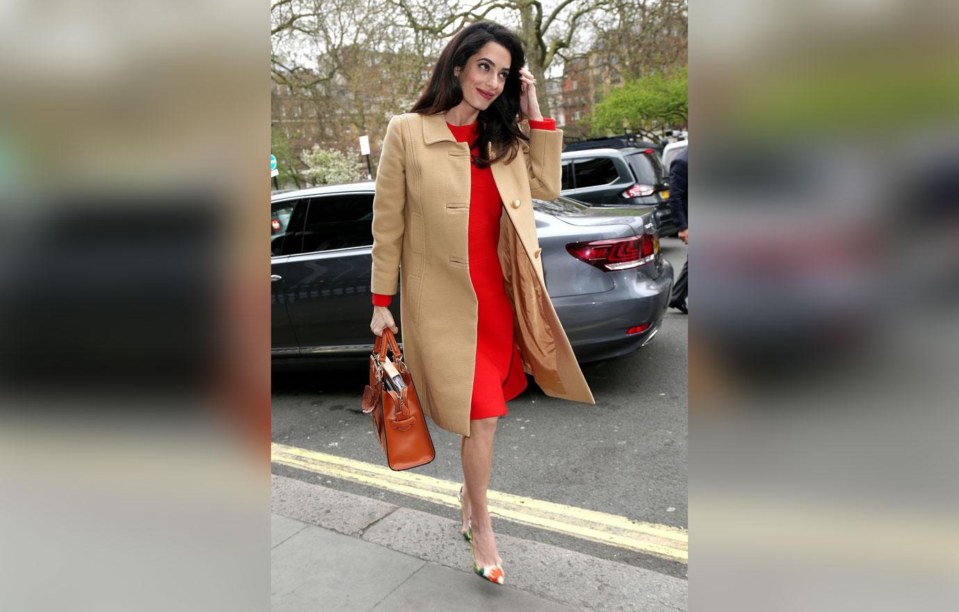 //amal clooney pregnant baby bump red dress photos