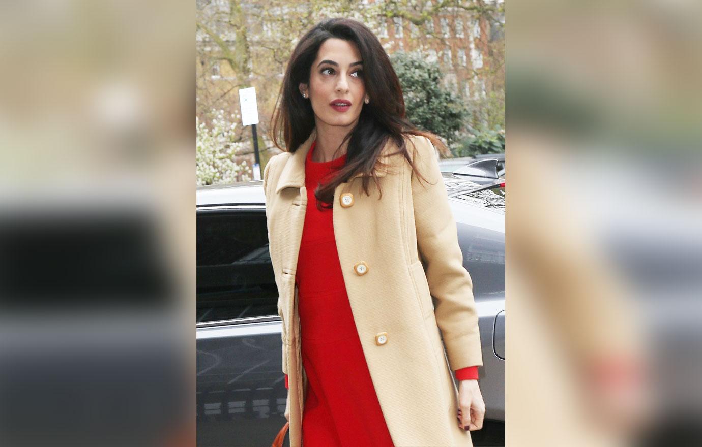 //amal clooney pregnant baby bump red dress photos