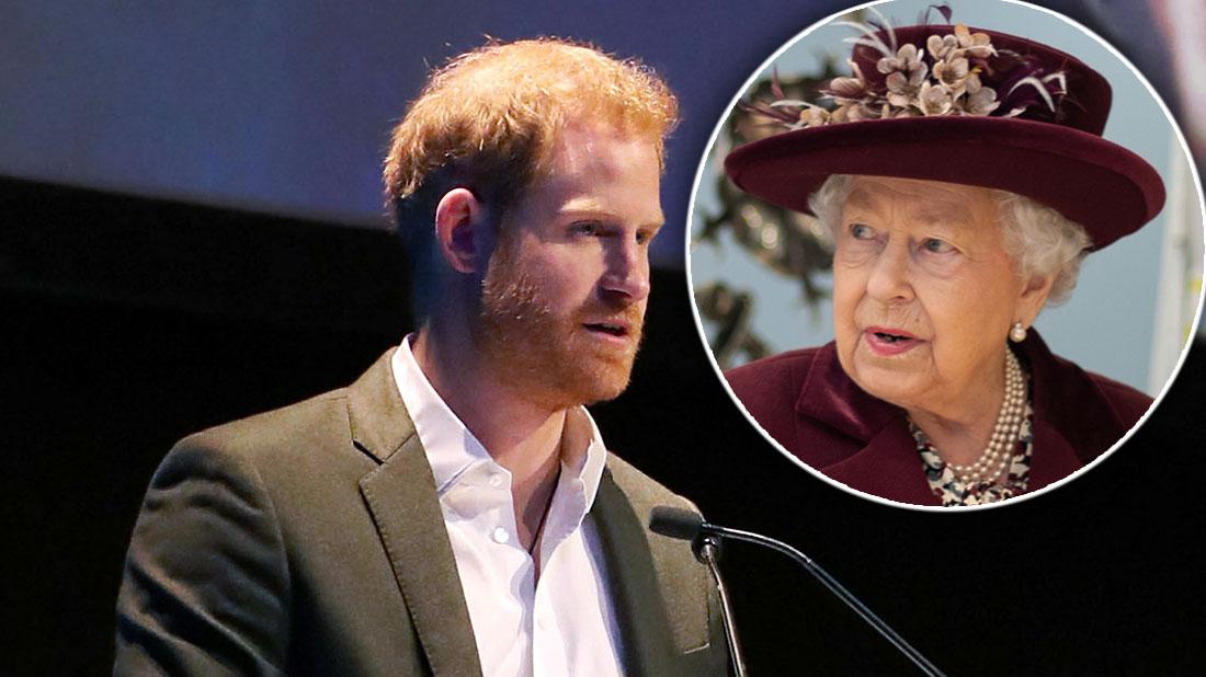 Inset Queen Elizabeth II, Prince Harry, Duke of Sussex, speaking at a sustainable tourism summit at the Edinburgh International Conference Centre.