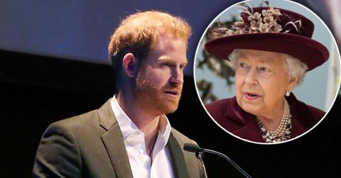 Inset Queen Elizabeth II, Prince Harry, Duke of Sussex, speaking at a sustainable tourism summit at the Edinburgh International Conference Centre.