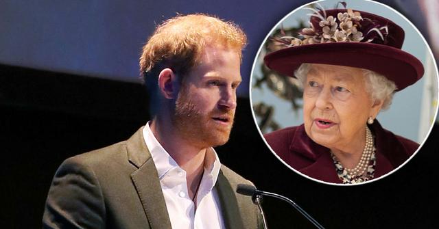 Inset Queen Elizabeth II, Prince Harry, Duke of Sussex, speaking at a sustainable tourism summit at the Edinburgh International Conference Centre.