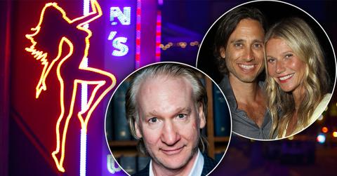 Neon Strip Club Pole Dancer Sign With Insets of Bill Maher and Gwyenth Paltrow Smiling