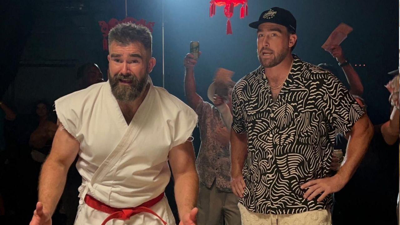 Travis Kelce supporting his brother Jason Kelce on the Garage Beer film set