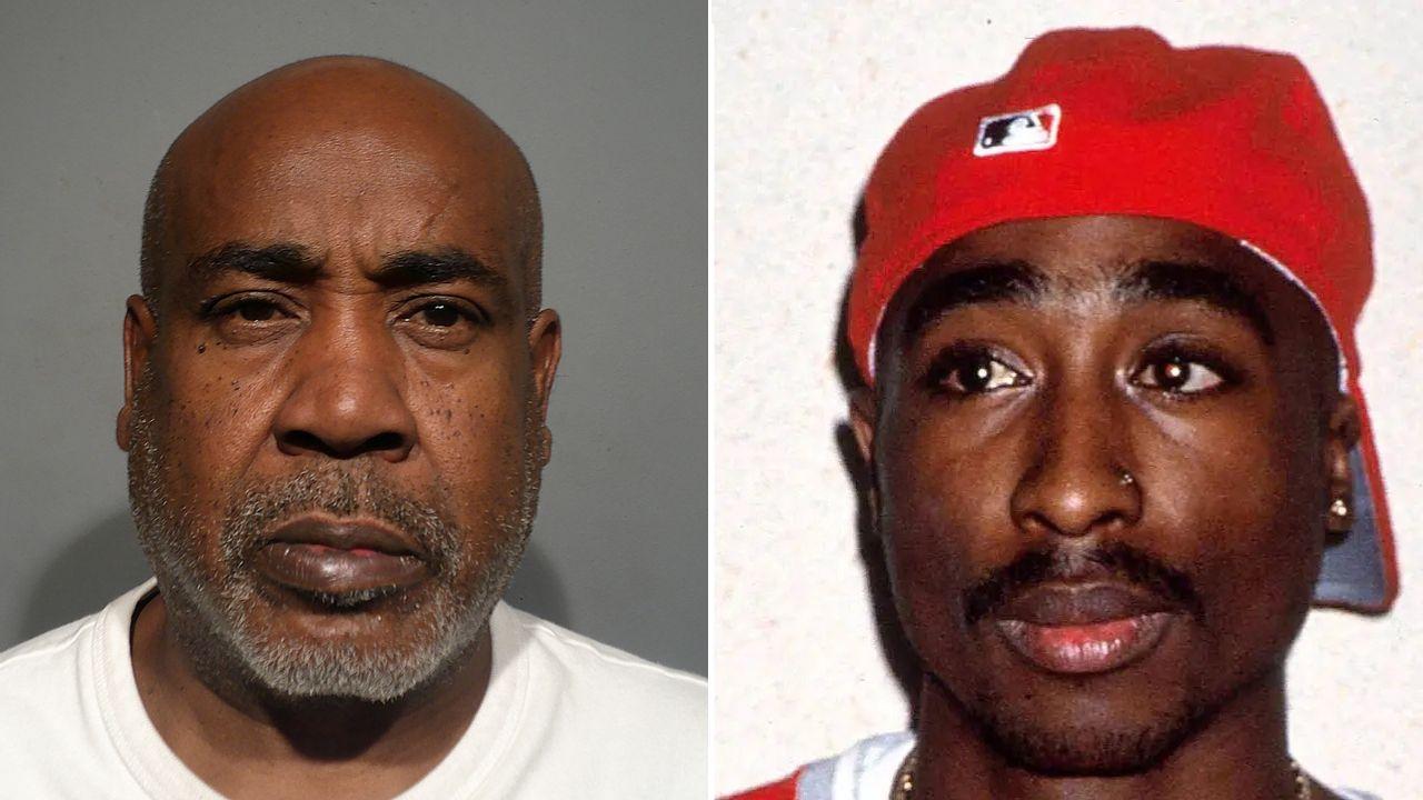 A mugshot of Duane Davis alongside a photo of Tupac Shakur