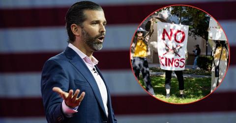 Composite photo of Donald Trump Jr. and No Kings protests