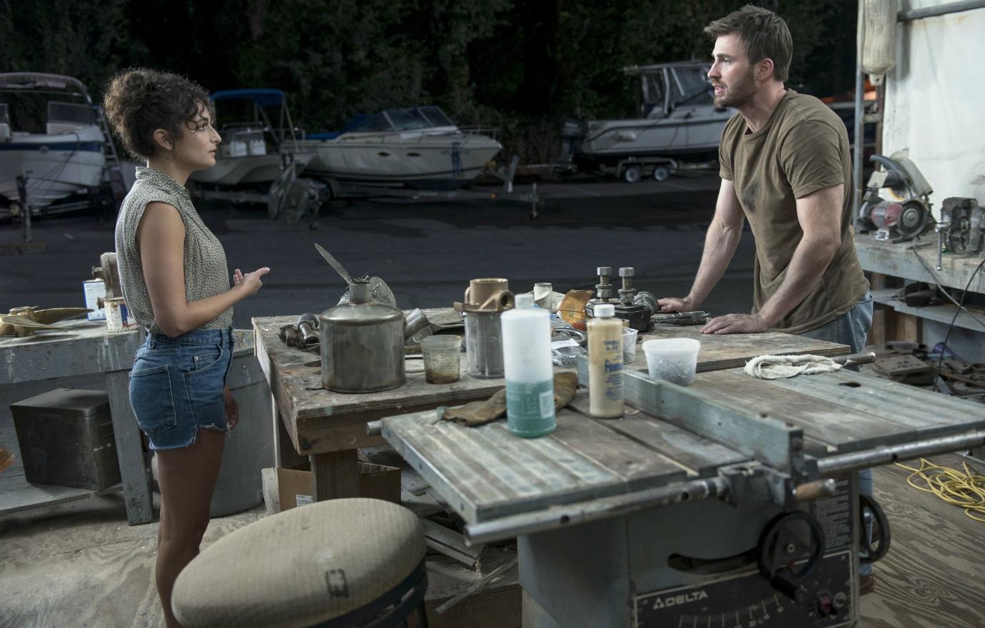 Jenny Slate and Chris Evans on the set of their film Gifted.