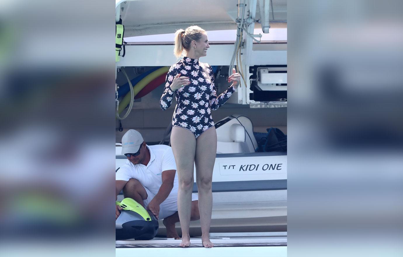 Cameron Diaz wears a floral one piece suit in St Tropez.