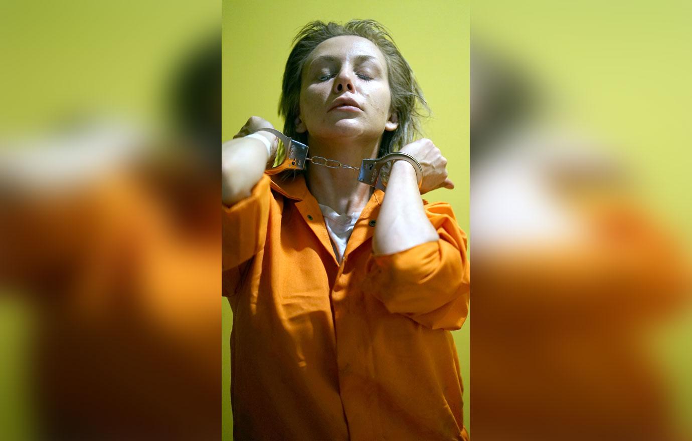 Courtney Stodden as serial killer Aileen Wuornos in Orange prison Jumpsuit With Handcuffs