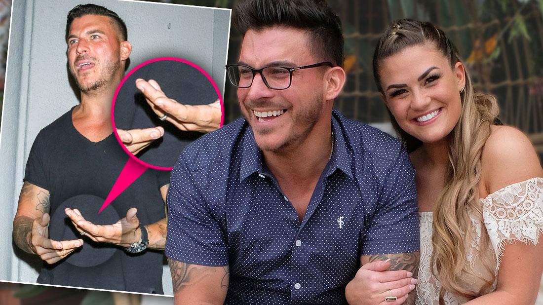 Annoyed Jax Taylor Wearing Black Faded T-Shirt Pointing to his Ring, Inset Closeup Of RingInset Jax ANd Brittnay Smiling