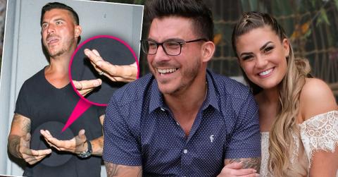 Annoyed Jax Taylor Wearing Black Faded T-Shirt Pointing to his Ring, Inset Closeup Of RingInset Jax ANd Brittnay Smiling