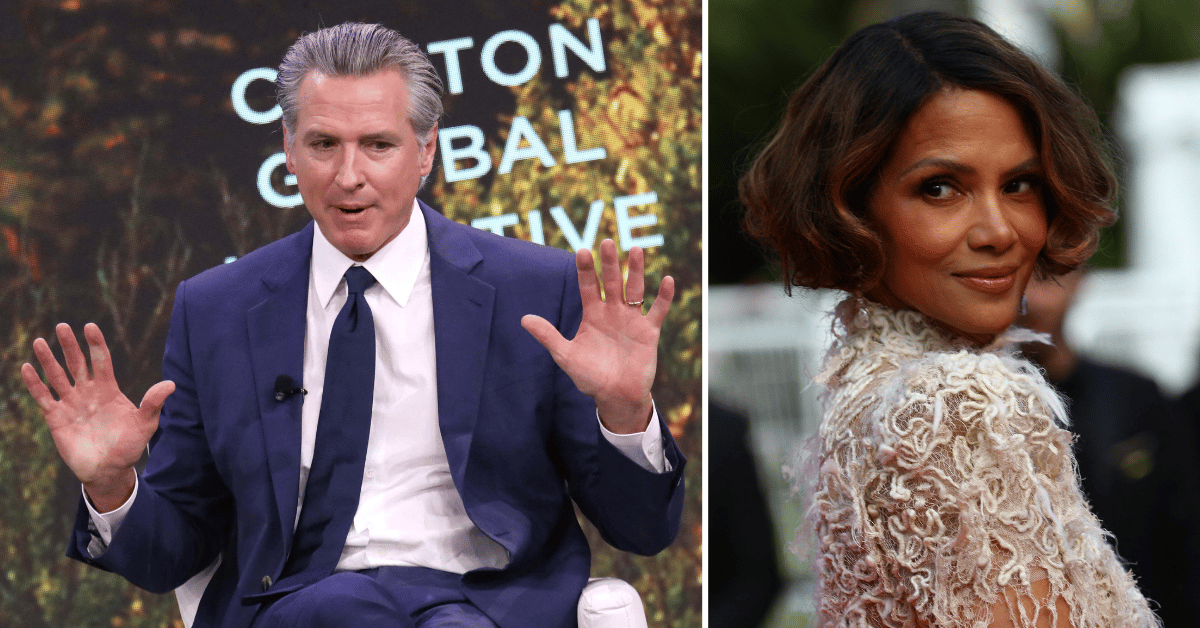 Split photo of Gavin Newsom, Halle Berry
