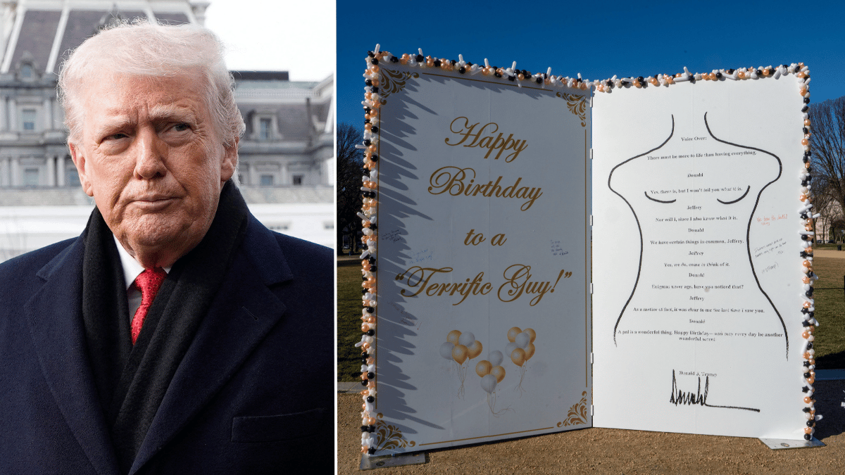 Split photo of Donald Trump, replica of Jeffrey Epstein birthday card