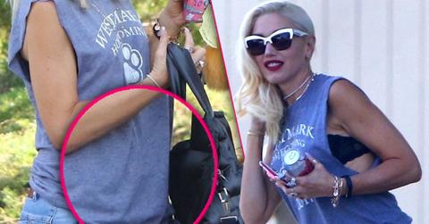 Gwen Stefani Holds Big Purse In Front Of Baby Bump