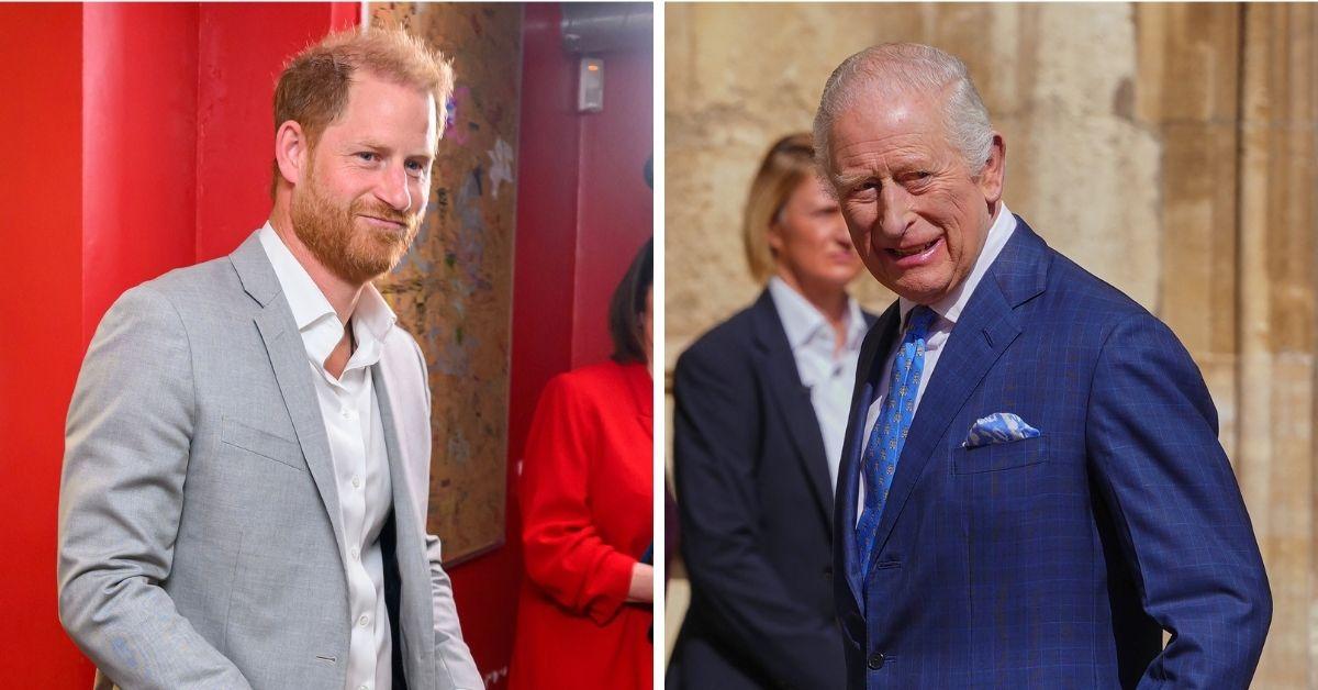 Split photo of King Charles and Prince Harry