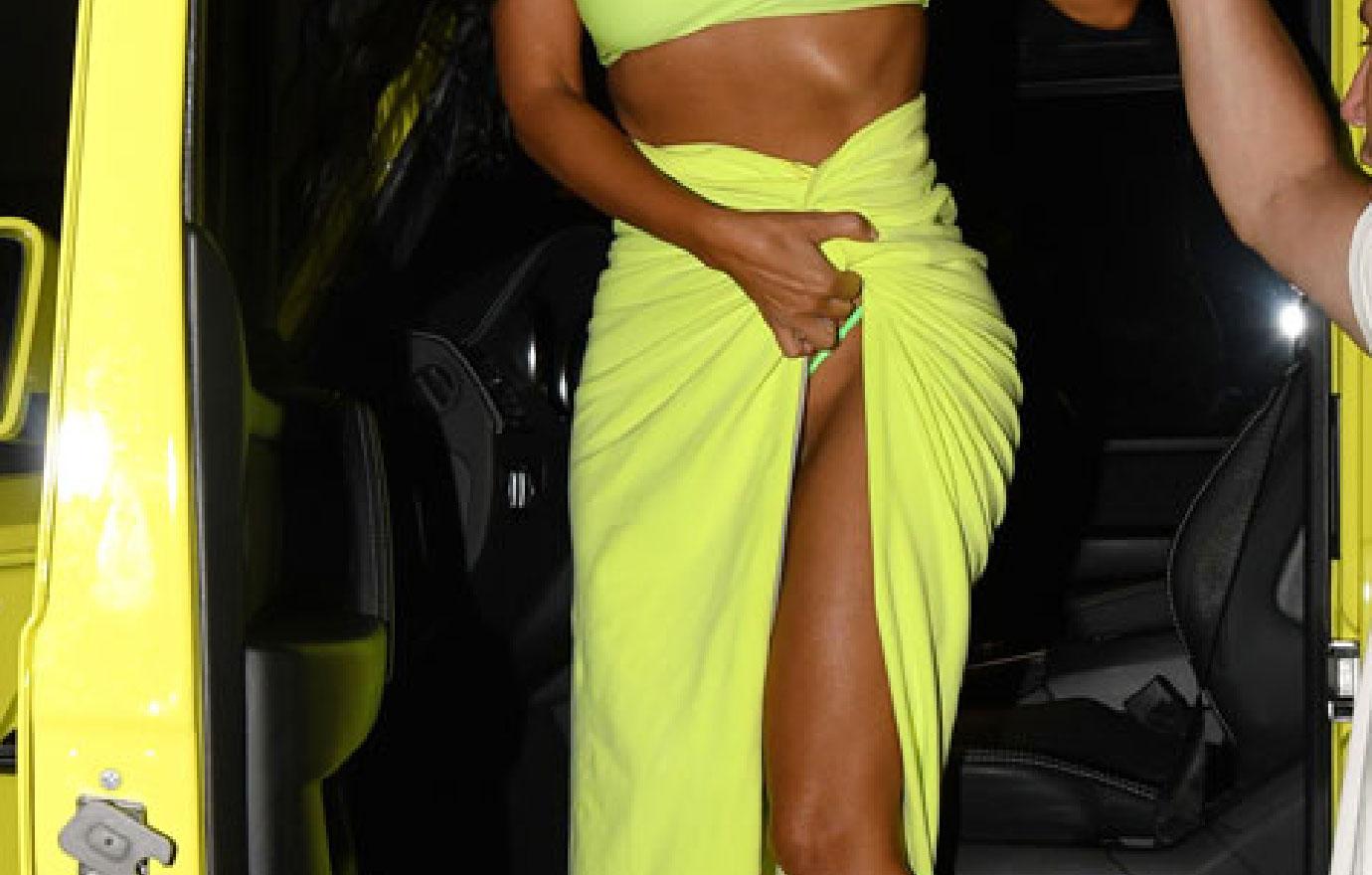 Kim Kardashian wardrobe malfunction neon dress Miami