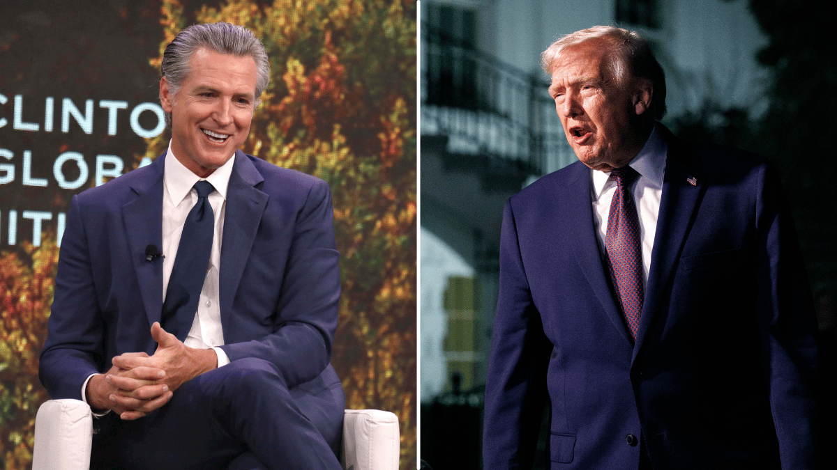 Split photo of Gavin Newsom, Donald Trump