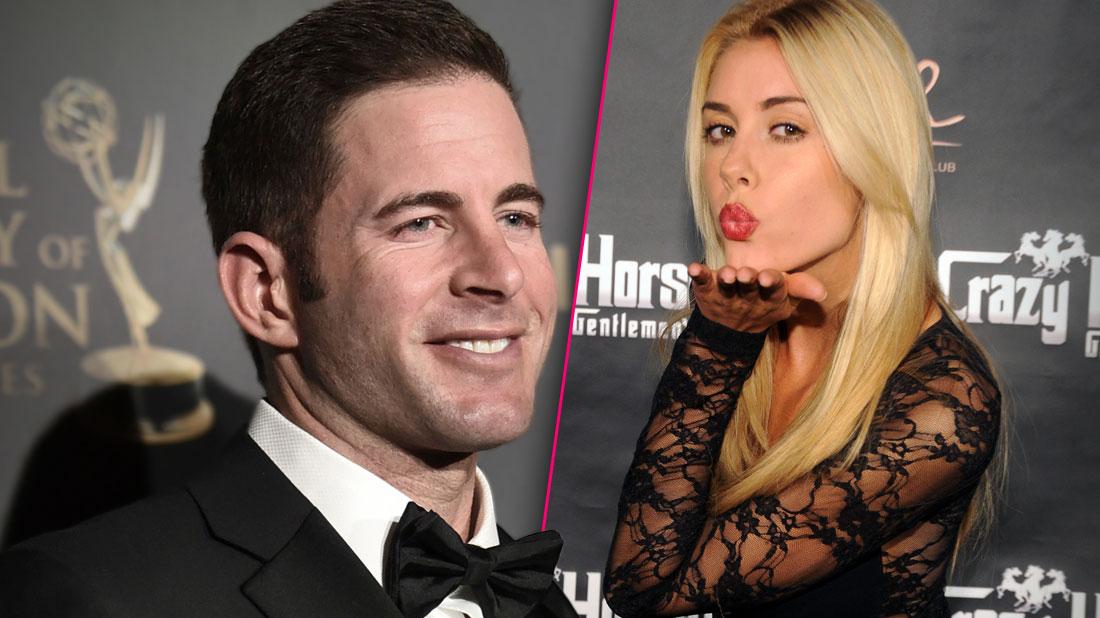 Tarek El Moussa Smiling Wearing Tuxedo, Heather Rae Young Wearing Black Lave Dress Blowing a Kiss