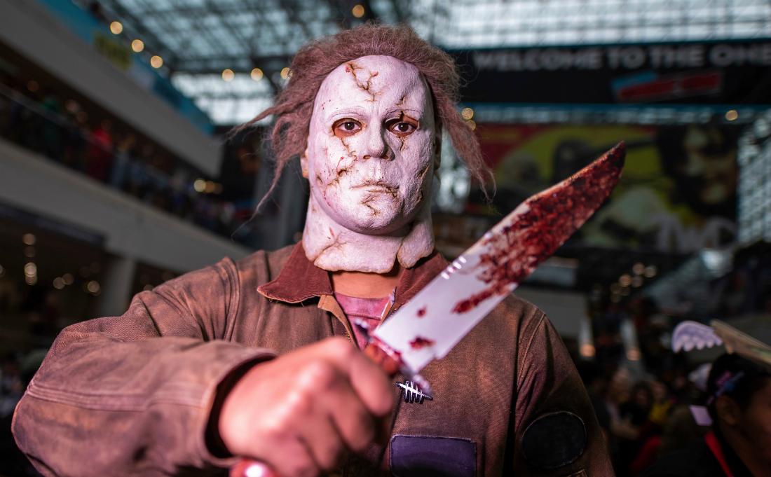 A man dressed up as Halloween's Michael Myers.