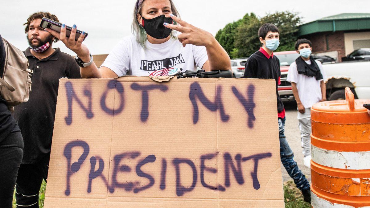 A photo of a Donald Trump protestor