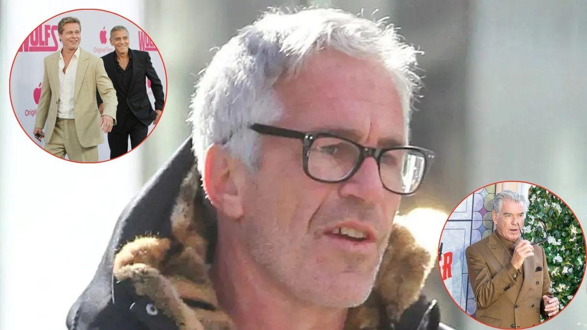 Composite photos of Pierce Brosnan, Jeffrey Epstein, Brad Pitt and George Clooney