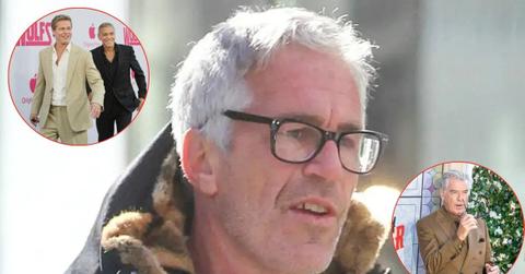 Composite photos of Pierce Brosnan, Jeffrey Epstein, Brad Pitt and George Clooney