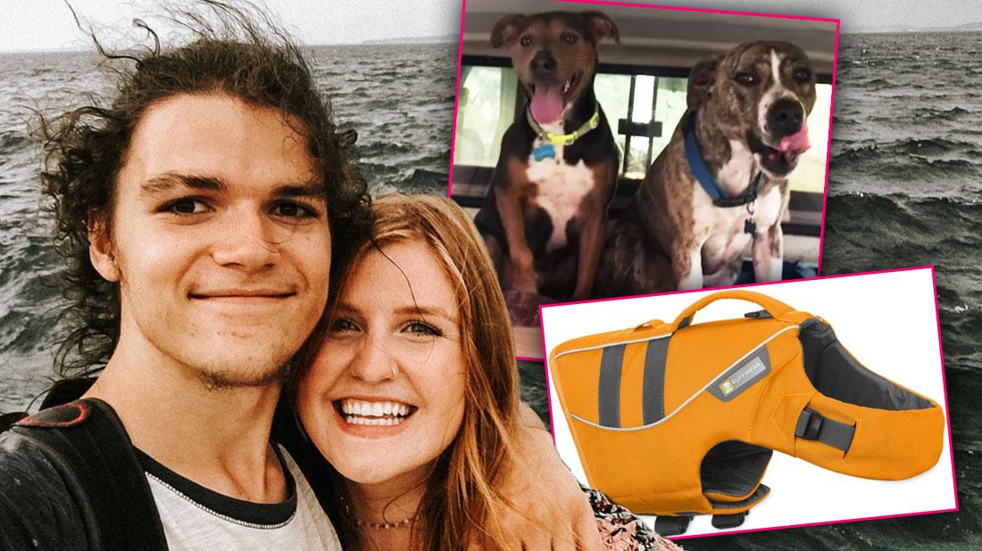 Smiling Jacob Roloff Wearing White T-shirt With Black Trim With his Arm Around Smiling Isabel Rock Wearing Print Top With Body of Water In The Background Inset Photo Of Their Two Dogs and Inset Of A Floating Vest For Dogs