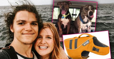 Smiling Jacob Roloff Wearing White T-shirt With Black Trim With his Arm Around Smiling Isabel Rock Wearing Print Top With Body of Water In The Background Inset Photo Of Their Two Dogs and Inset Of A Floating Vest For Dogs