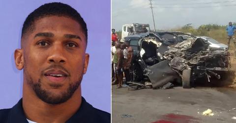 Split photo of Anthony Joshua and the car crash scene