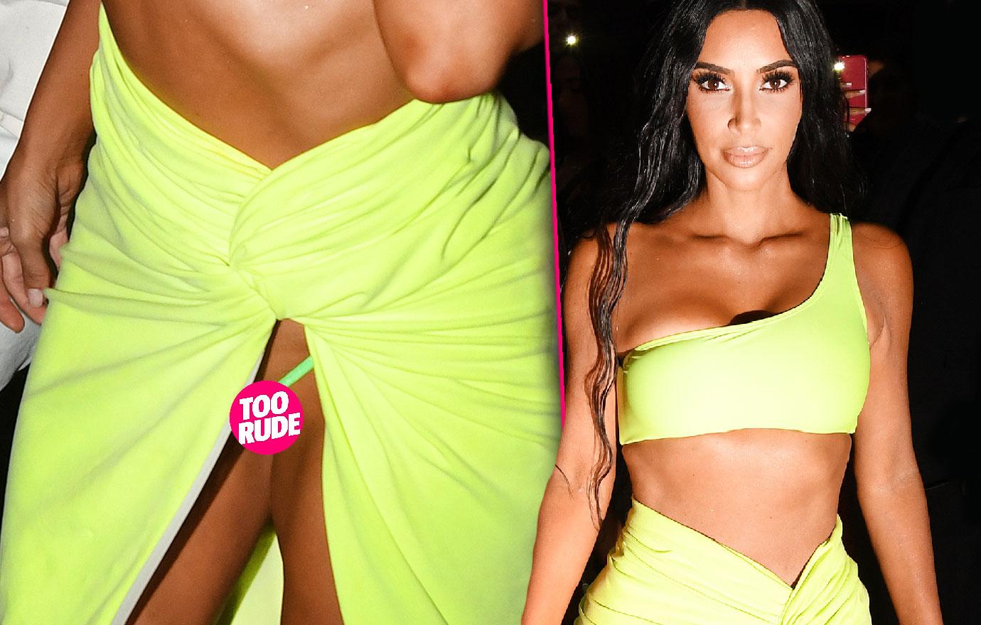 Kim Kardashian wardrobe malfunction neon dress Miami