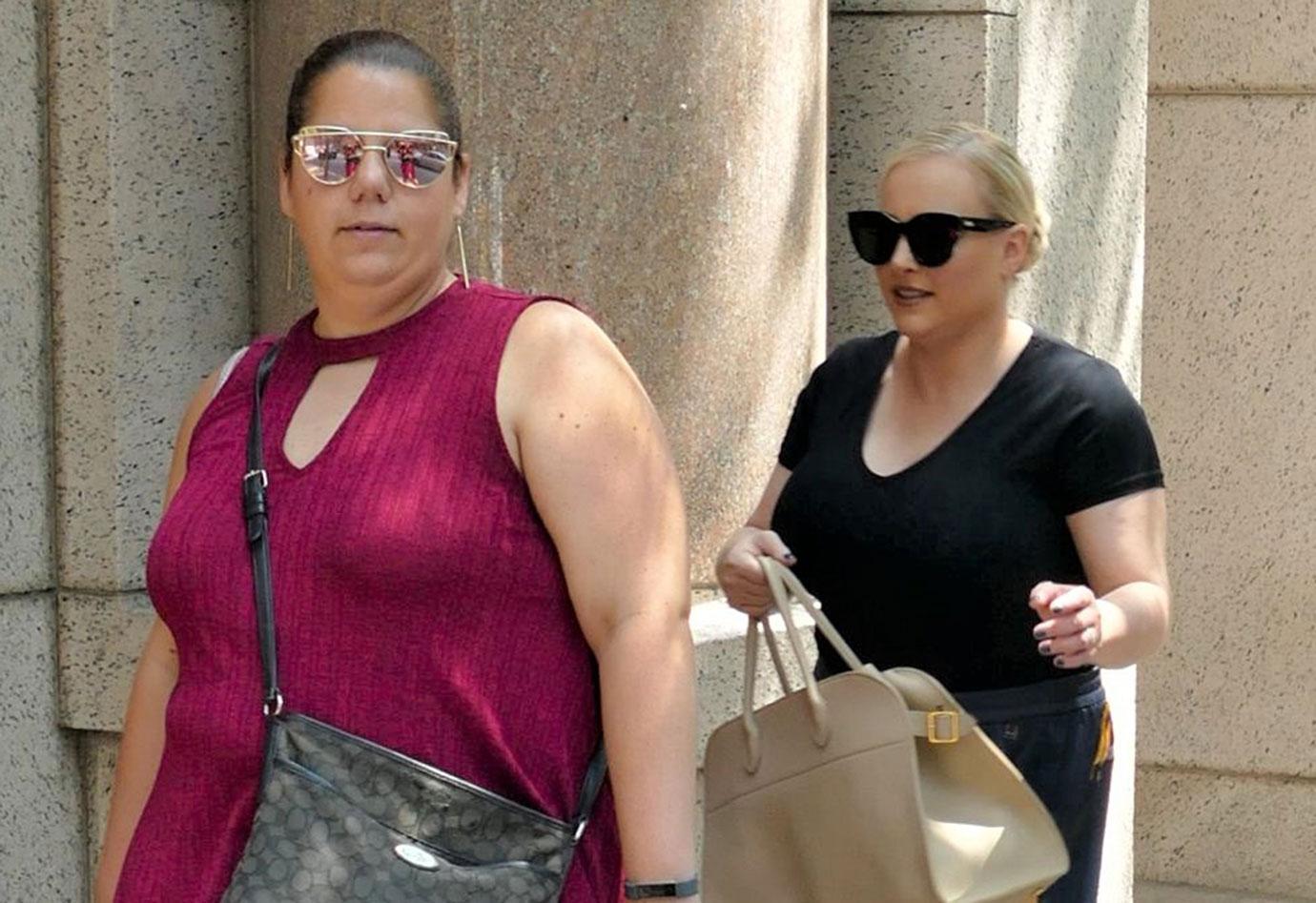 Meghan McCain Leaving the View Wearing A Black Top And Flowered Pants Walking With Friends