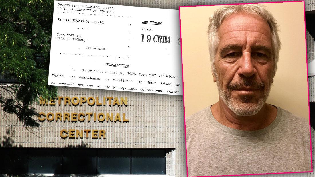 Outside of Metropolitan Correctional Center NYC, Inset U.S. Attorney Office Indictment of Correctional Officers, Inset Jeffrey Epstein Mugshot 2019