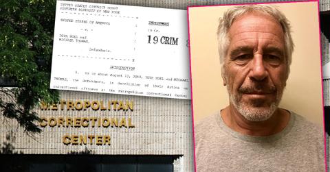 Outside of Metropolitan Correctional Center NYC, Inset U.S. Attorney Office Indictment of Correctional Officers, Inset Jeffrey Epstein Mugshot 2019
