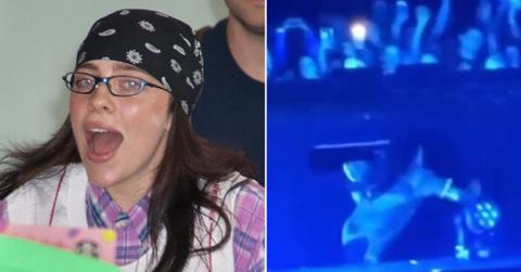 Split photo of Billie Eilish and her falling at MSG.