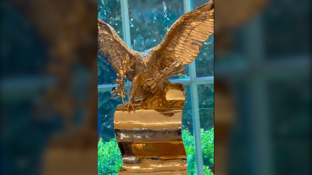 image of The towering sculpture sits behind the Resolute Desk in a newly shared video.