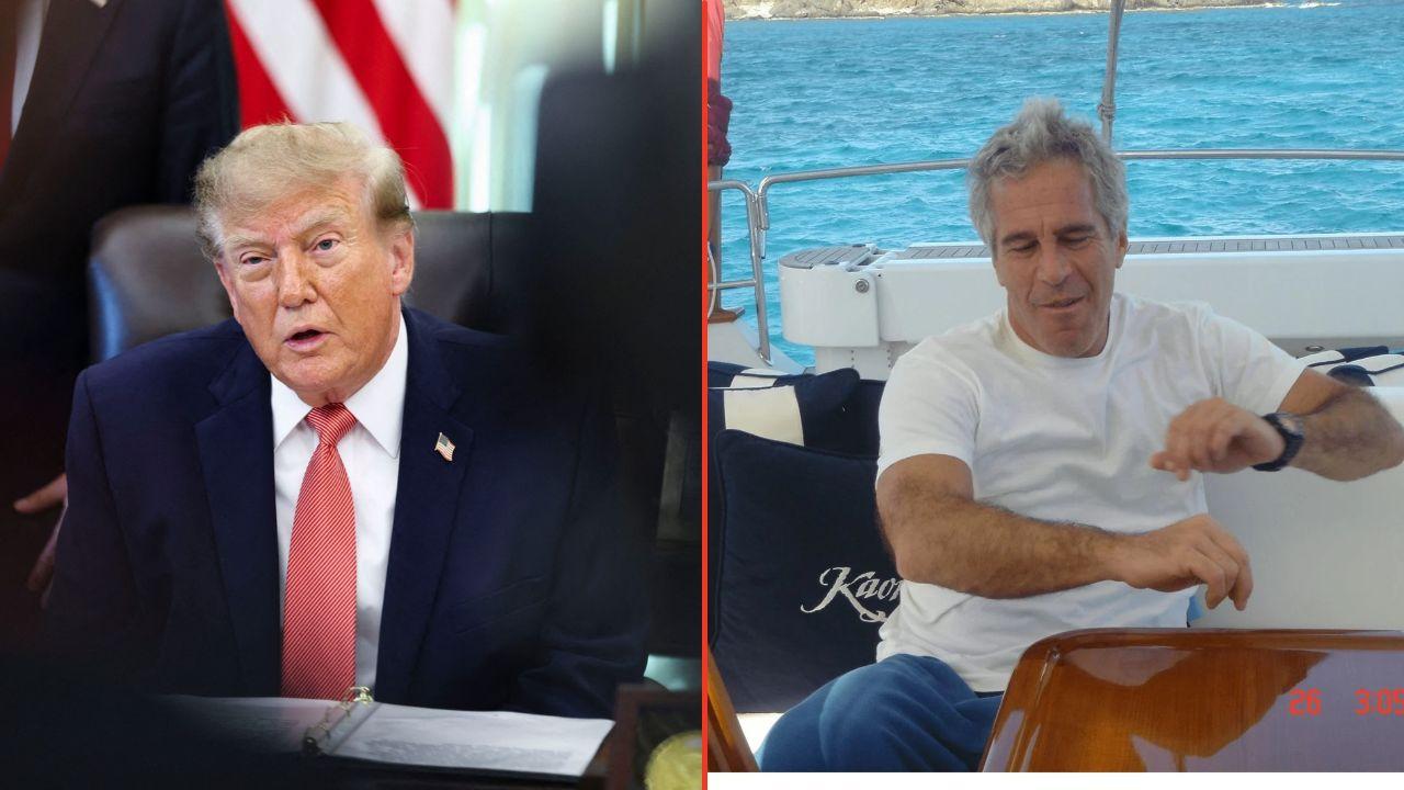 Split photos of Donald Trump and Jeffrey Epstein