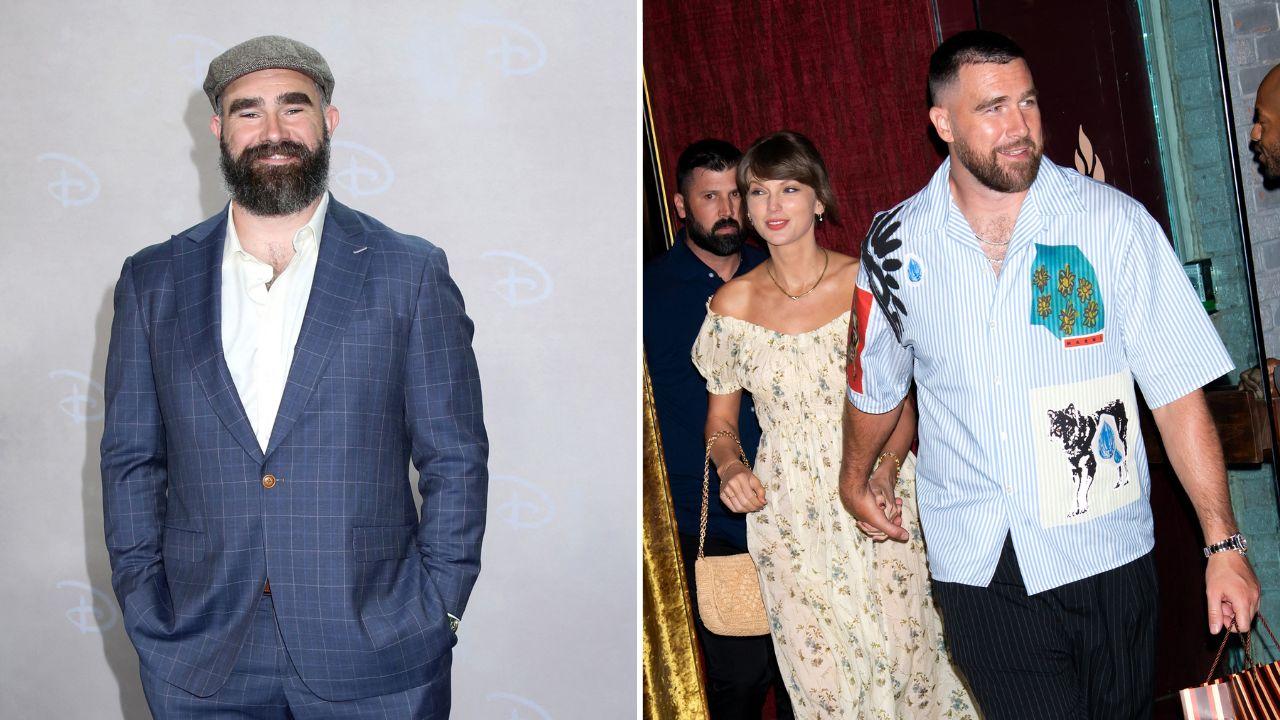 A photo of Jason Kelce alongside a photo of Taylor Swift and Travis Kelce
