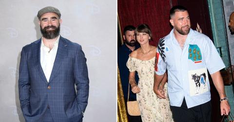 A photo of Jason Kelce alongside a photo of Taylor Swift and Travis Kelce