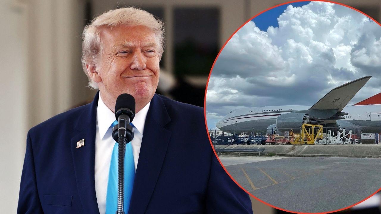 A photo of Donald Trump alongside the Qatari 747-8 jet