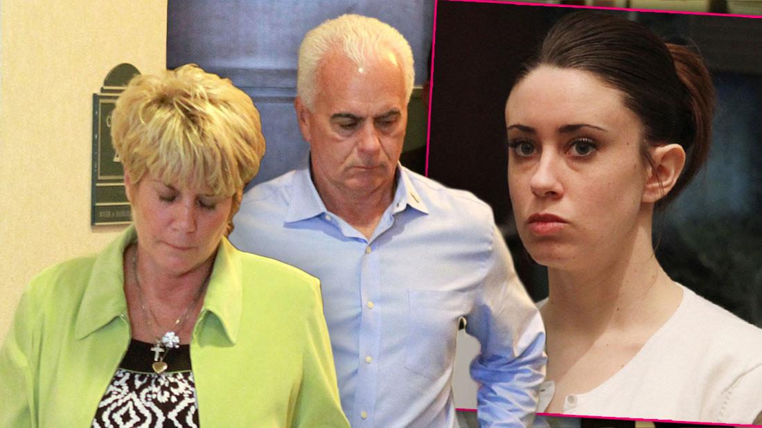 Casey Antony's Mom Wearing Green Blazer and Black and White Top Along With Father Earing Blue Shirt Inset Casey Anthony Where White Shirt