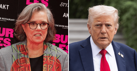 Split photo of Rosie O'Donnell and Donald Trump