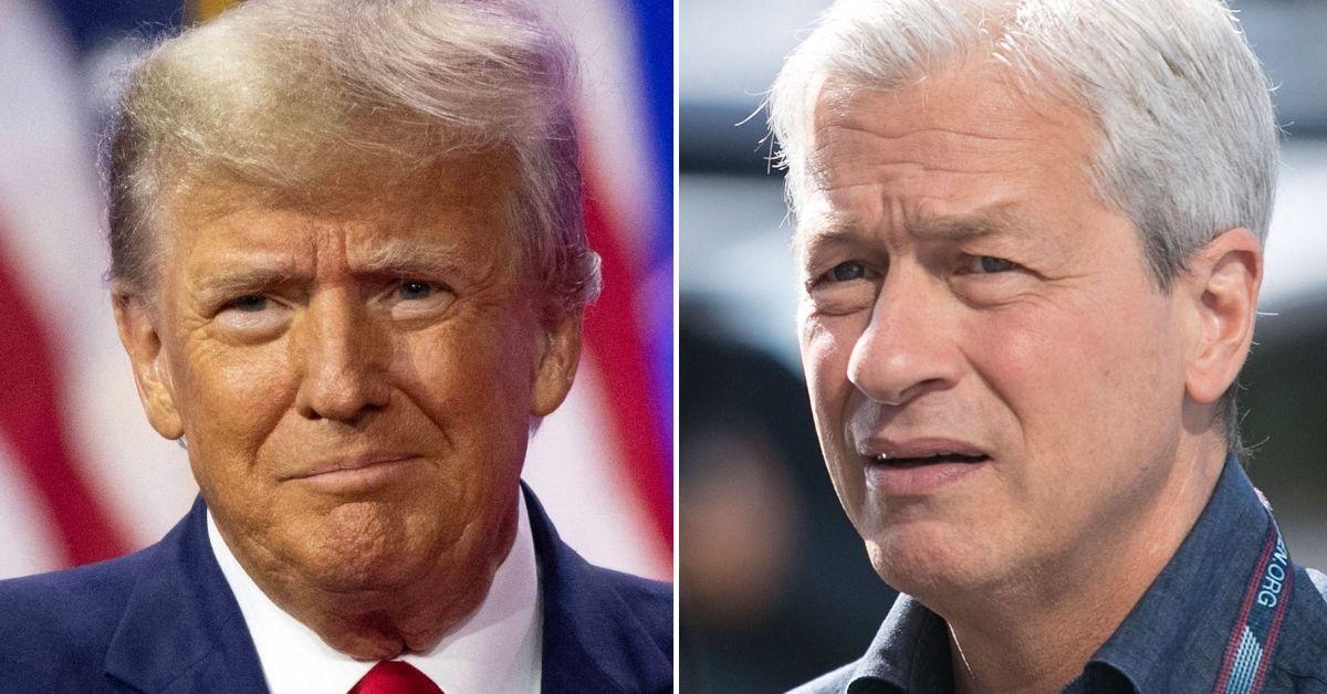 Split photo of Donald Trump and Jamie Dimon.